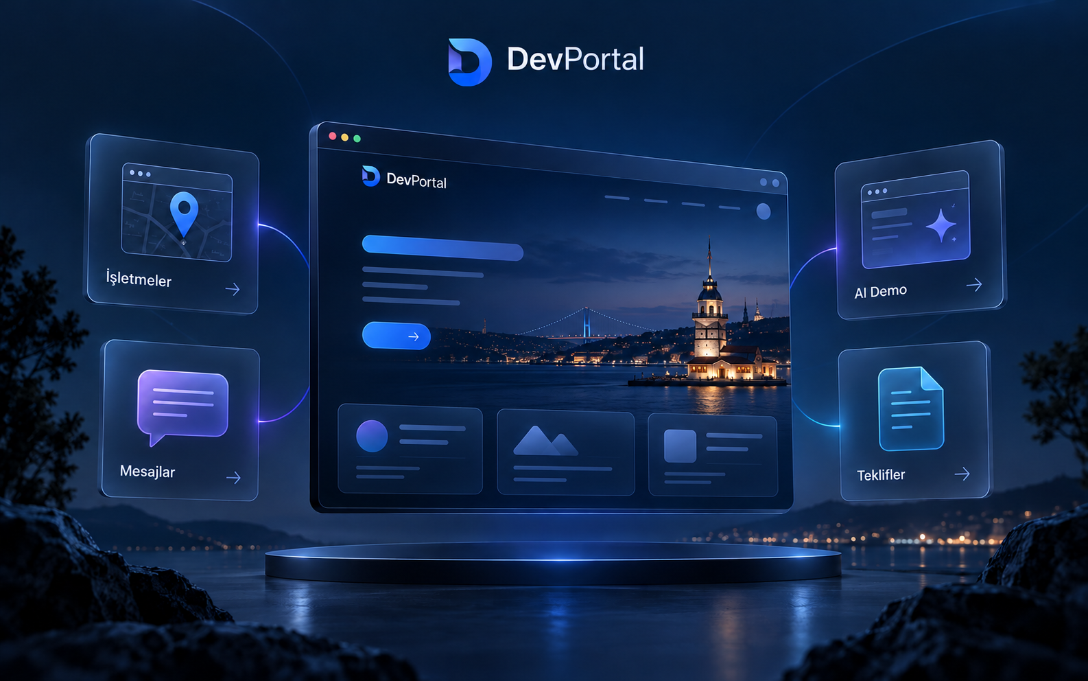 DevPortal işletme, AI demo, mesaj ve teklif modüllerinin ürün illüstrasyonu